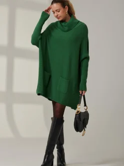 Jolie Moi Knitted Jumpers-Roll Neck Pocket Front Knit Jumper, Green