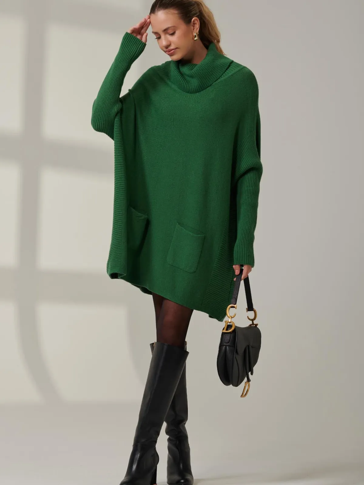Jolie Moi Knitted Jumpers-Roll Neck Pocket Front Knit Jumper, Green
