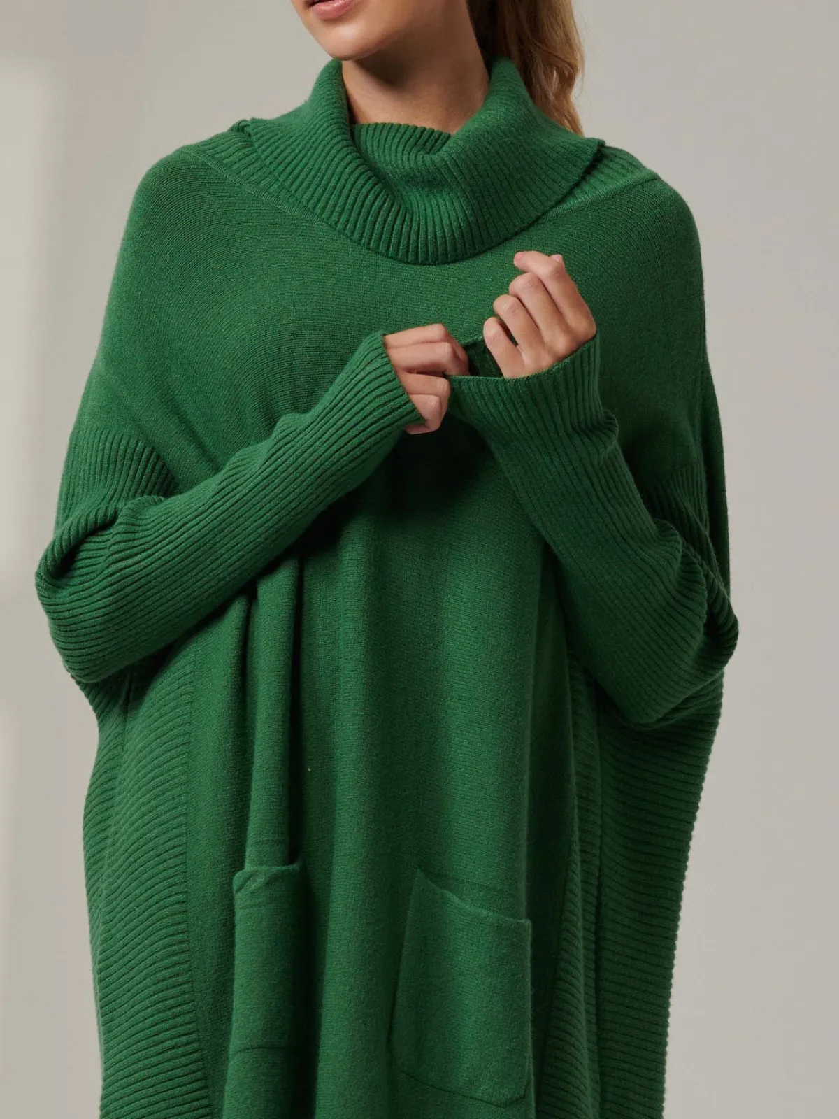 Jolie Moi Knitted Jumpers-Roll Neck Pocket Front Knit Jumper, Green