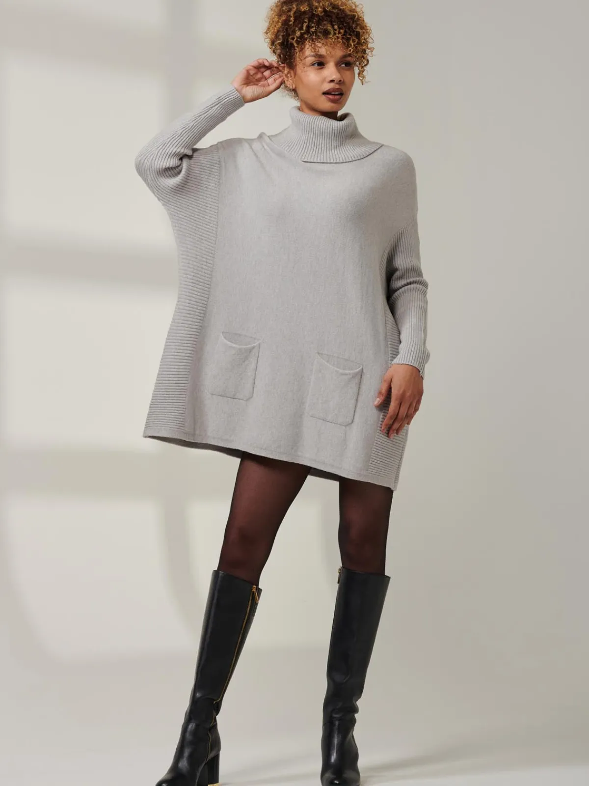 Jolie Moi Knitted Jumpers-Roll Neck Pocket Front Knit Jumper, Grey Heather