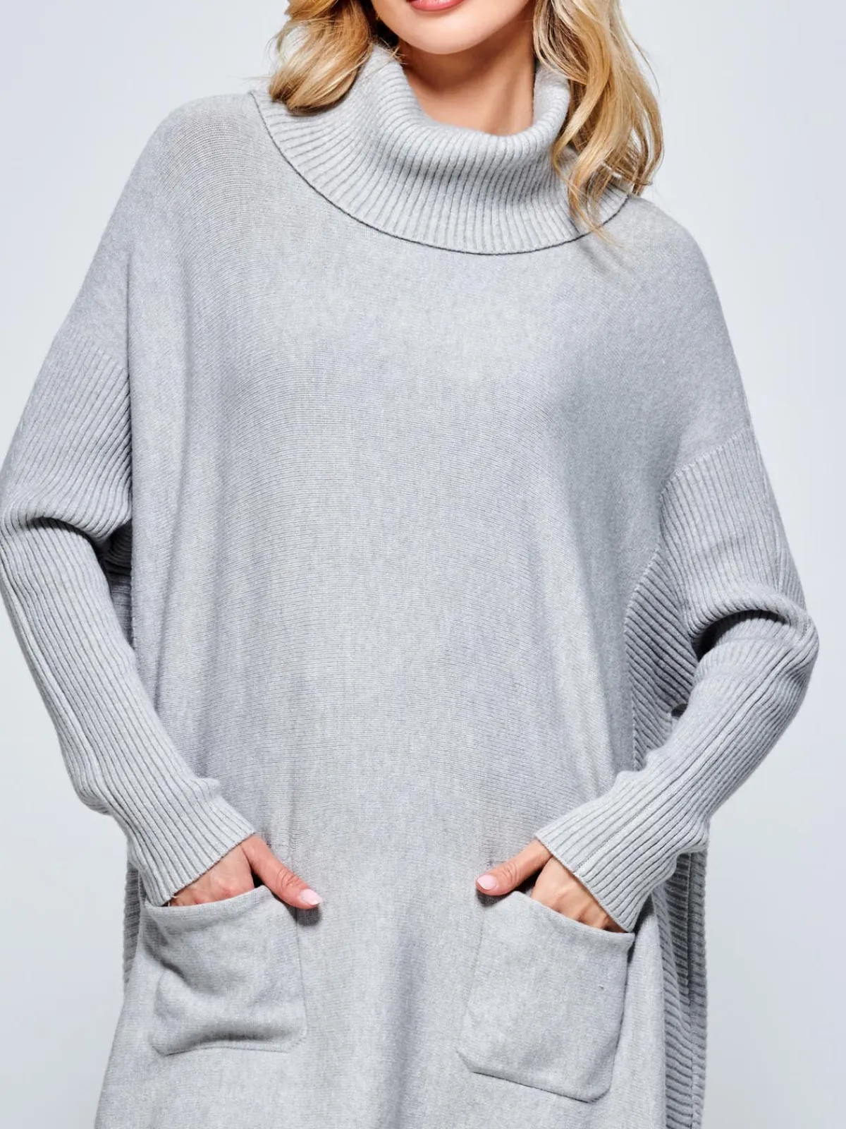 Jolie Moi Knitted Jumpers-Roll Neck Pocket Front Knit Jumper, Grey Heather