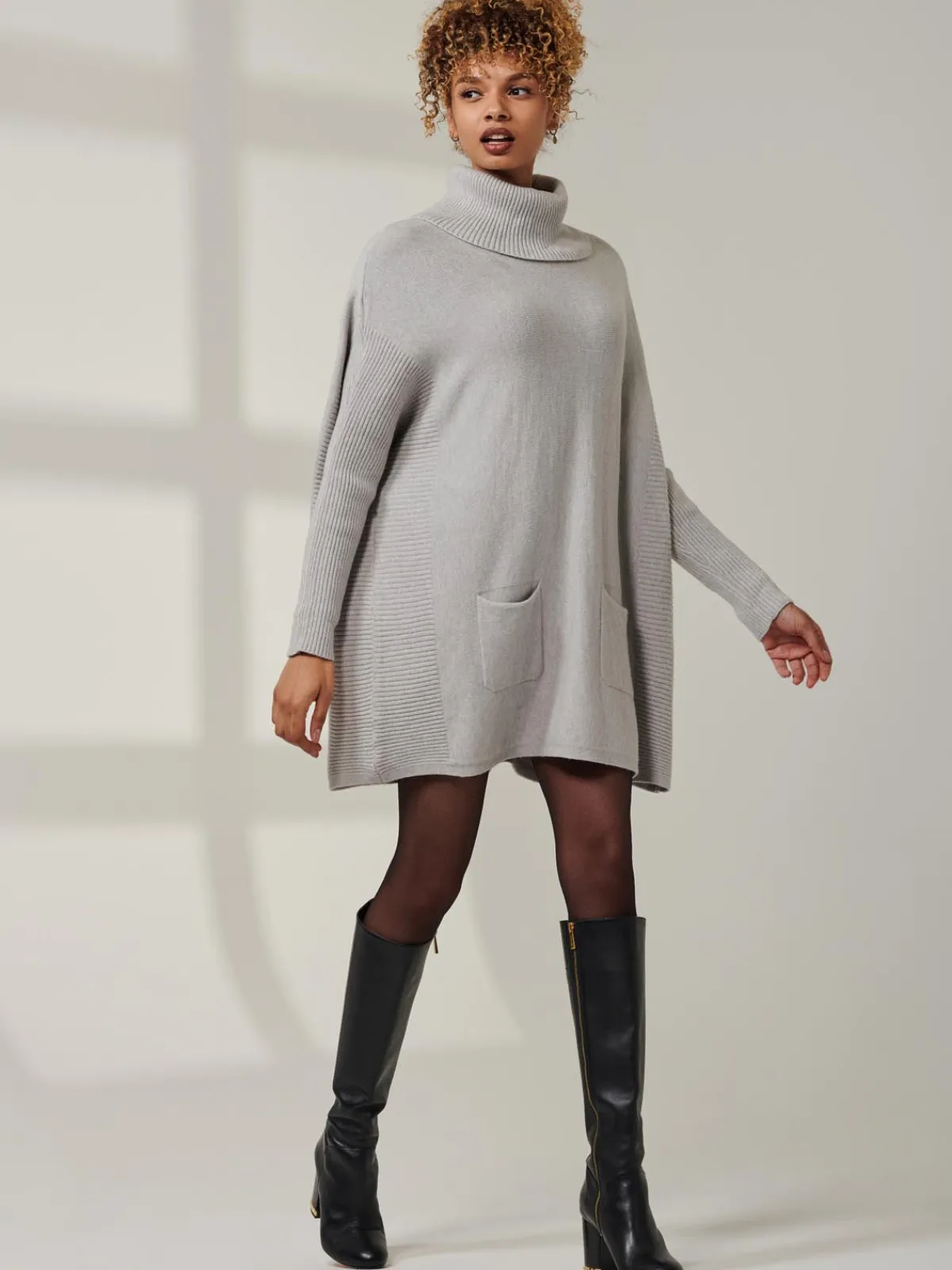 Jolie Moi Knitted Jumpers-Roll Neck Pocket Front Knit Jumper, Grey Heather
