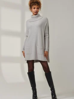 Jolie Moi Knitted Jumpers-Roll Neck Pocket Front Knit Jumper, Grey Heather