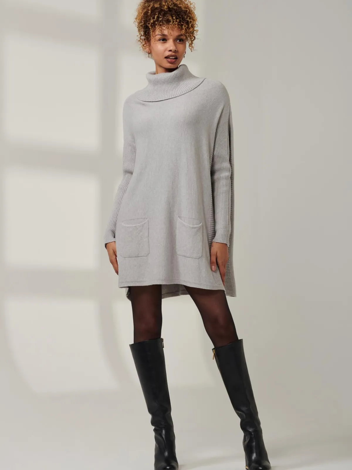 Jolie Moi Knitted Jumpers-Roll Neck Pocket Front Knit Jumper, Grey Heather