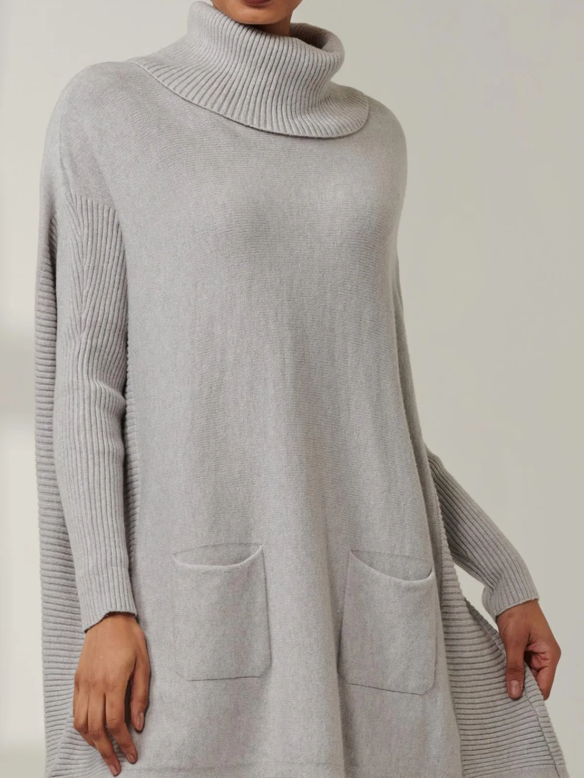 Jolie Moi Knitted Jumpers-Roll Neck Pocket Front Knit Jumper, Grey Heather