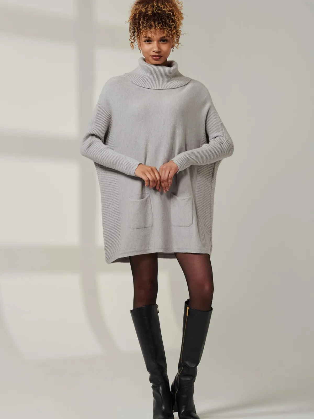 Jolie Moi Knitted Jumpers-Roll Neck Pocket Front Knit Jumper, Grey Heather