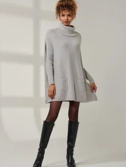 Jolie Moi Knitted Jumpers-Roll Neck Pocket Front Knit Jumper, Grey Heather