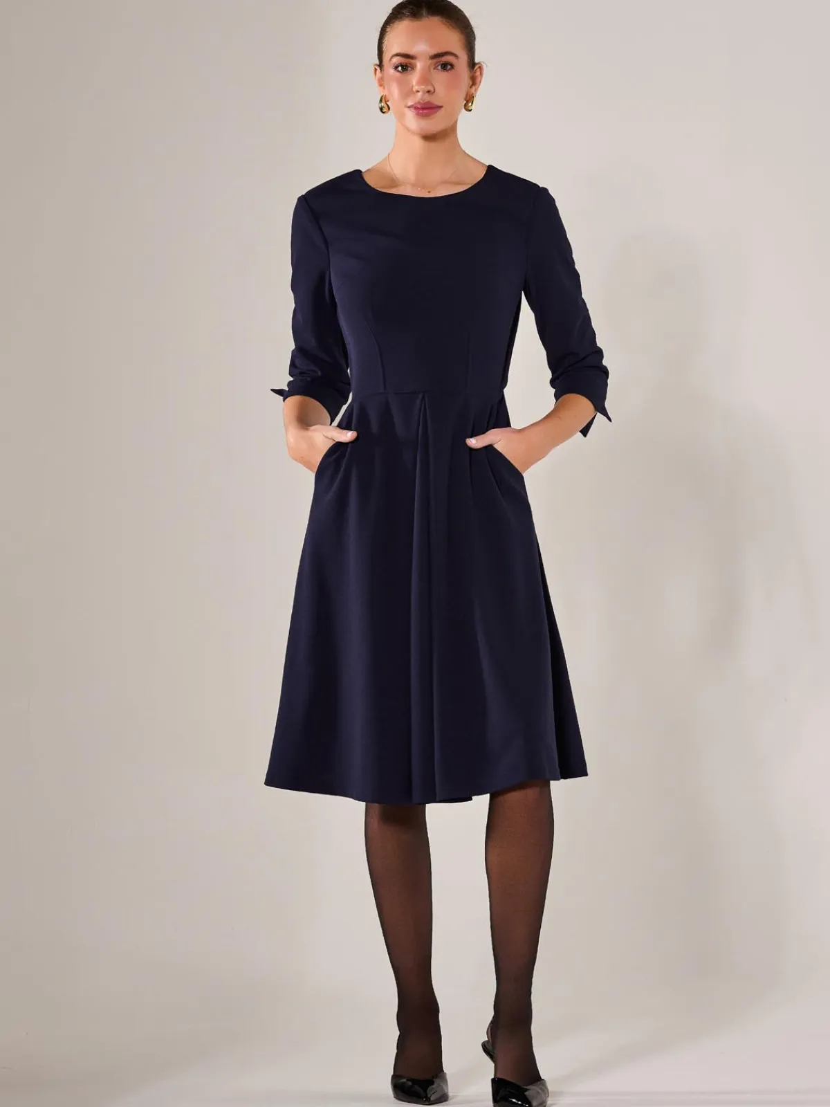 Jolie Moi Occasion Dresses|Office Dresses-Round Neck 3/4 Sleeve Midi Dress, Navy