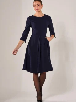 Jolie Moi Occasion Dresses|Office Dresses-Round Neck 3/4 Sleeve Midi Dress, Navy
