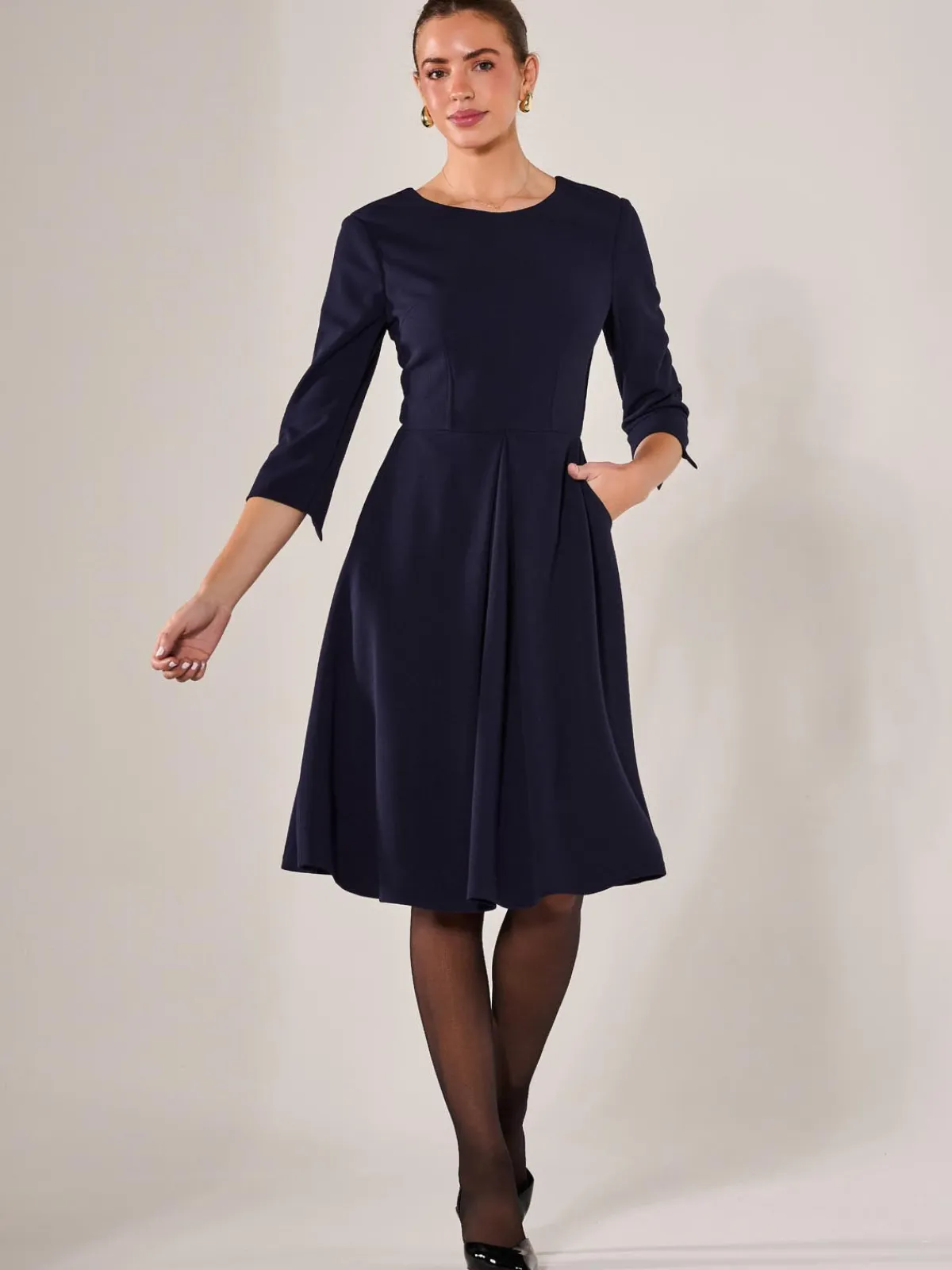 Jolie Moi Occasion Dresses|Office Dresses-Round Neck 3/4 Sleeve Midi Dress, Navy