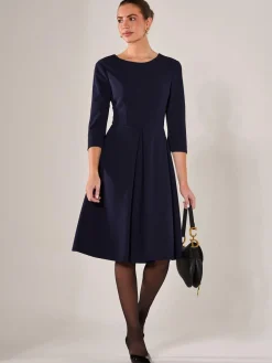 Jolie Moi Occasion Dresses|Office Dresses-Round Neck 3/4 Sleeve Midi Dress, Navy