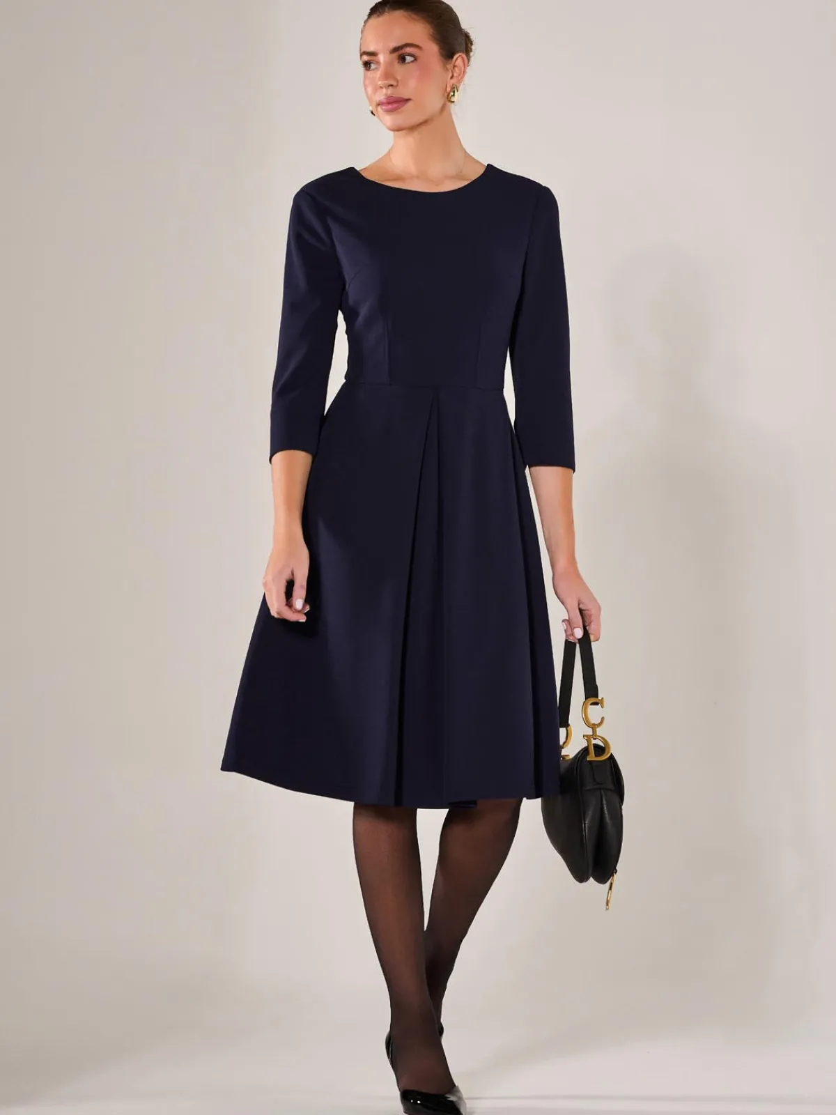 Jolie Moi Occasion Dresses|Office Dresses-Round Neck 3/4 Sleeve Midi Dress, Navy