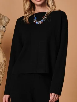 Jolie Moi Co-Ords|Knitted Jumpers-Round Neck Vertical Line Knit Top, Black