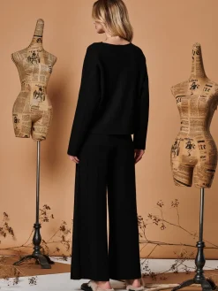 Jolie Moi Co-Ords|Knitted Jumpers-Round Neck Vertical Line Knit Top, Black