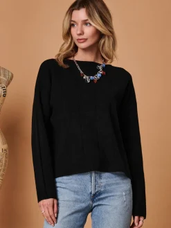 Jolie Moi Co-Ords|Knitted Jumpers-Round Neck Vertical Line Knit Top, Black