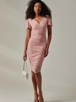 Jolie Moi Occasion Dresses|Mesh Dresses- Ruched Mesh Bodycon Dress Blush