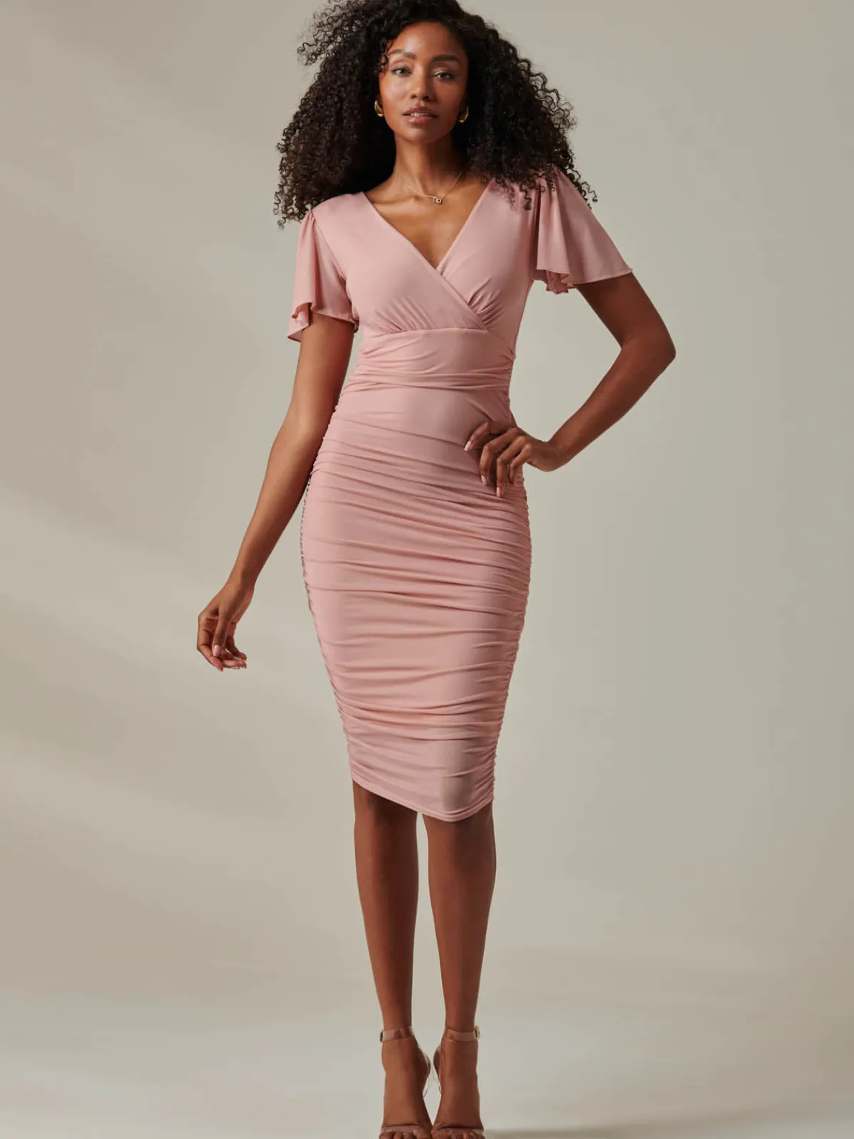 Jolie Moi Occasion Dresses|Mesh Dresses- Ruched Mesh Bodycon Dress Blush