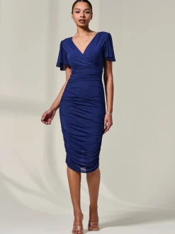 Jolie Moi Office Wear|Mesh Dresses-Ruched Mesh Bodycon Dress, Navy