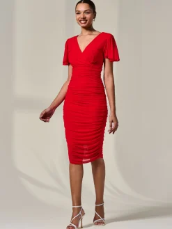 Jolie Moi Occasion Dresses|Party Dresses-Ruched Mesh Bodycon Dress, Red