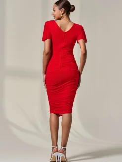 Jolie Moi Occasion Dresses|Party Dresses-Ruched Mesh Bodycon Dress, Red