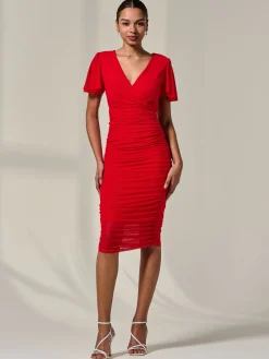 Jolie Moi Occasion Dresses|Party Dresses-Ruched Mesh Bodycon Dress, Red