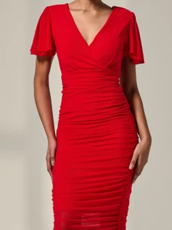 Jolie Moi Occasion Dresses|Party Dresses-Ruched Mesh Bodycon Dress, Red