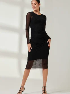 Jolie Moi Occasion Dresses|Little Black Dresses-Ruched Sheath Maxi Mesh Dress, Black