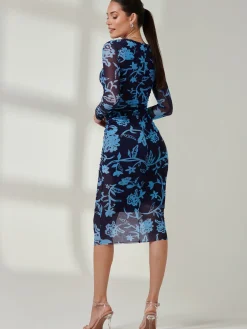 Jolie Moi Occasion Dresses|Floral Dresses-Ruched Sheath Maxi Mesh Dress, Navy Floral