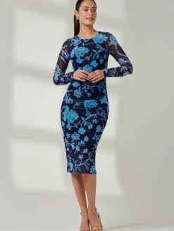 Jolie Moi Occasion Dresses|Floral Dresses-Ruched Sheath Maxi Mesh Dress, Navy Floral