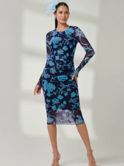 Jolie Moi Occasion Dresses|Floral Dresses-Ruched Sheath Maxi Mesh Dress, Navy Floral