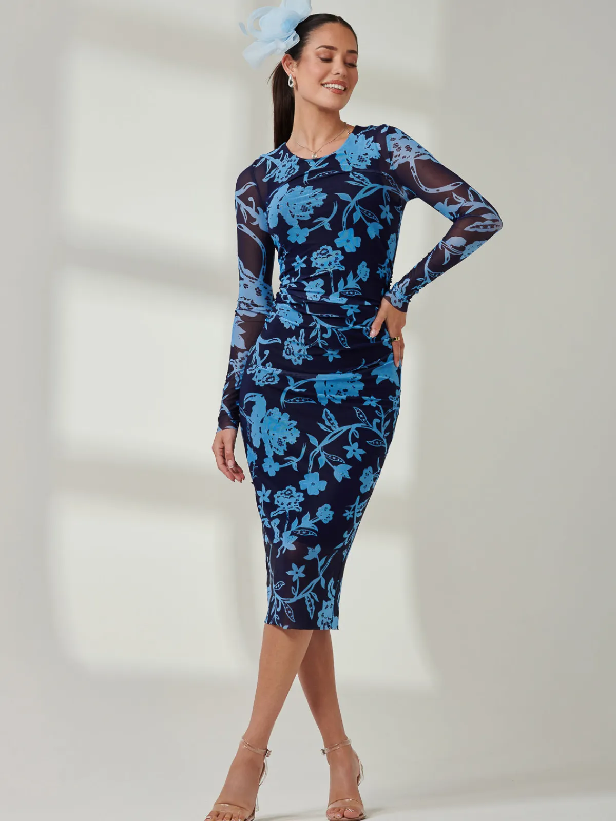 Jolie Moi Occasion Dresses|Floral Dresses-Ruched Sheath Maxi Mesh Dress, Navy Floral