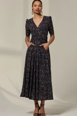 Jolie Moi Occasion Dresses|Mesh Dresses-Ruched Sleeve Mesh Dress, Brown Leopard