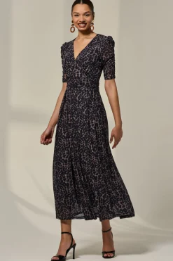 Jolie Moi Occasion Dresses|Mesh Dresses-Ruched Sleeve Mesh Dress, Brown Leopard