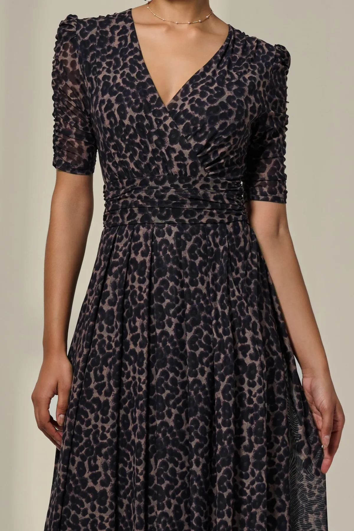 Jolie Moi Occasion Dresses|Mesh Dresses-Ruched Sleeve Mesh Dress, Brown Leopard