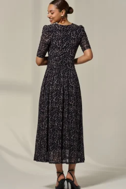 Jolie Moi Occasion Dresses|Mesh Dresses-Ruched Sleeve Mesh Dress, Brown Leopard