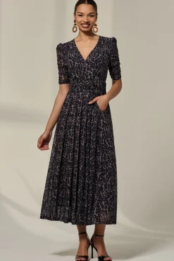 Jolie Moi Occasion Dresses|Mesh Dresses-Ruched Sleeve Mesh Dress, Brown Leopard