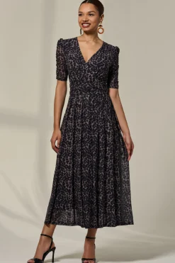 Jolie Moi Occasion Dresses|Mesh Dresses-Ruched Sleeve Mesh Dress, Brown Leopard