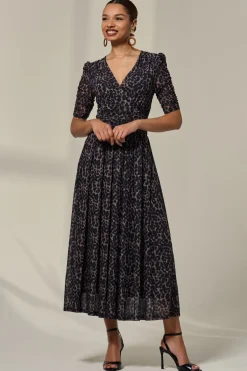 Jolie Moi Occasion Dresses|Mesh Dresses-Ruched Sleeve Mesh Dress, Brown Leopard
