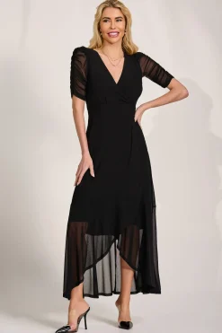 Jolie Moi Occasion Dresses|Mesh Dresses-Ruched Sleeve Mesh Maxi Dress, Black
