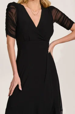 Jolie Moi Occasion Dresses|Mesh Dresses-Ruched Sleeve Mesh Maxi Dress, Black