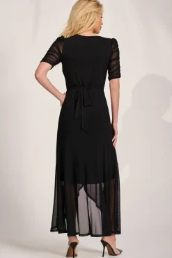 Jolie Moi Occasion Dresses|Mesh Dresses-Ruched Sleeve Mesh Maxi Dress, Black