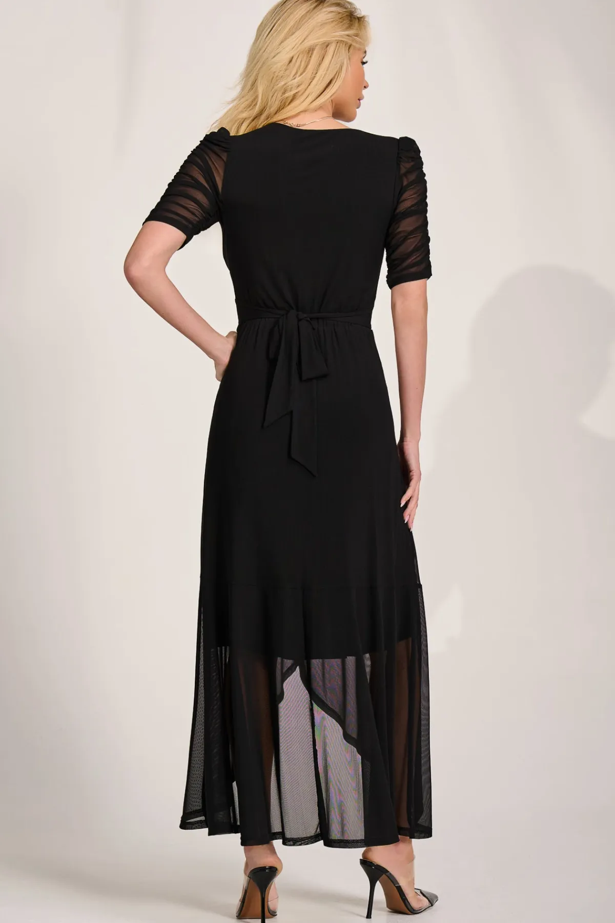 Jolie Moi Occasion Dresses|Mesh Dresses-Ruched Sleeve Mesh Maxi Dress, Black