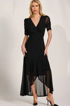 Jolie Moi Occasion Dresses|Mesh Dresses-Ruched Sleeve Mesh Maxi Dress, Black