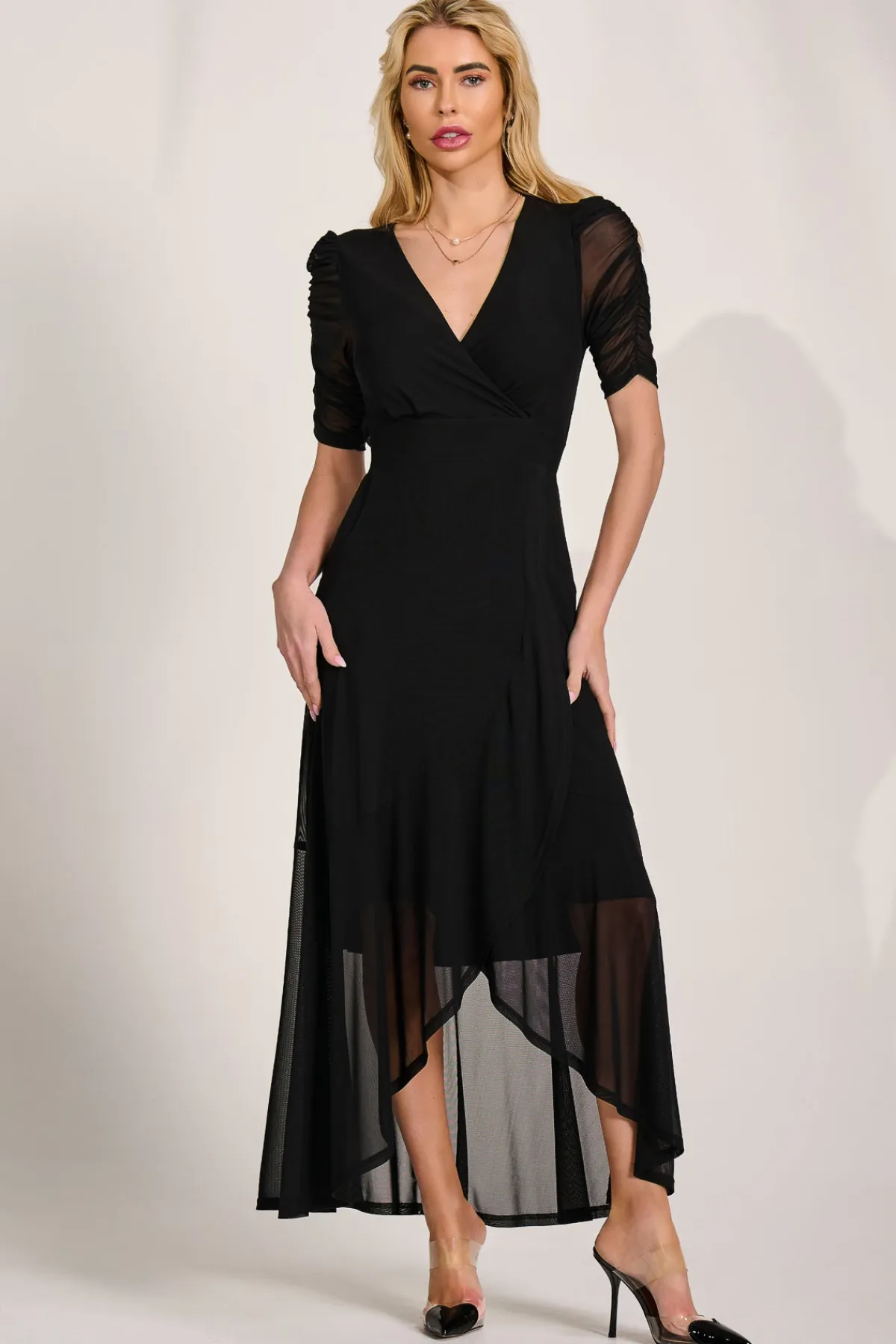 Jolie Moi Occasion Dresses|Mesh Dresses-Ruched Sleeve Mesh Maxi Dress, Black