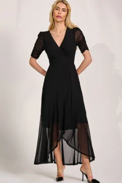 Jolie Moi Occasion Dresses|Mesh Dresses-Ruched Sleeve Mesh Maxi Dress, Black