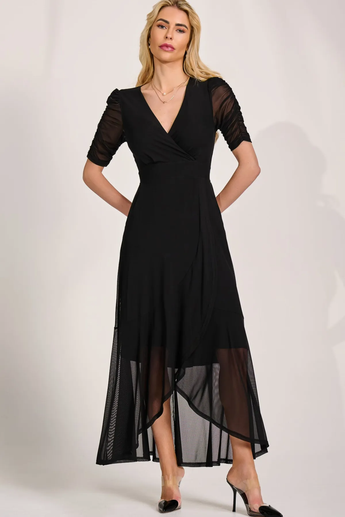 Jolie Moi Occasion Dresses|Mesh Dresses-Ruched Sleeve Mesh Maxi Dress, Black