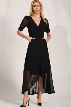 Jolie Moi Occasion Dresses|Mesh Dresses-Ruched Sleeve Mesh Maxi Dress, Black