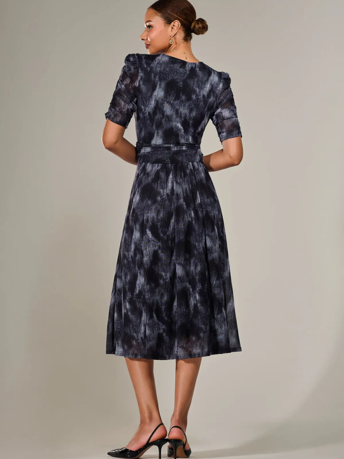 Jolie Moi Office Wear|Mesh Dresses-Ruched Sleeve Mesh Maxi Dress, Grey Abstract