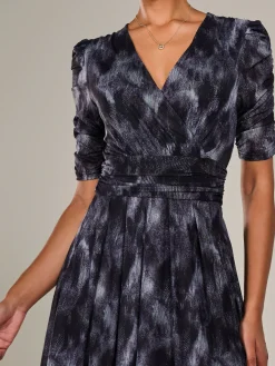 Jolie Moi Office Wear|Mesh Dresses-Ruched Sleeve Mesh Maxi Dress, Grey Abstract