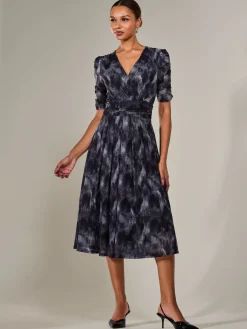 Jolie Moi Office Wear|Mesh Dresses-Ruched Sleeve Mesh Maxi Dress, Grey Abstract